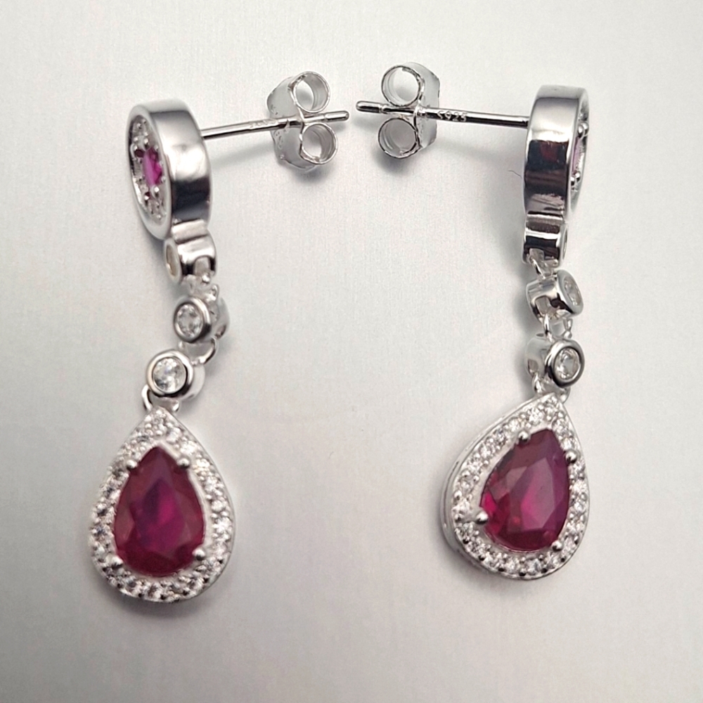 Elegant Silver and Red/Rose Drop Earrings 925 Silver